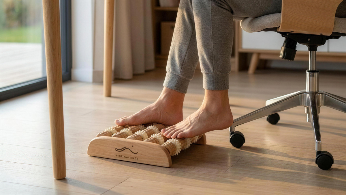 Bare feet resting on the Step Balance ReflexRoll wooden foot roller under a home office desk