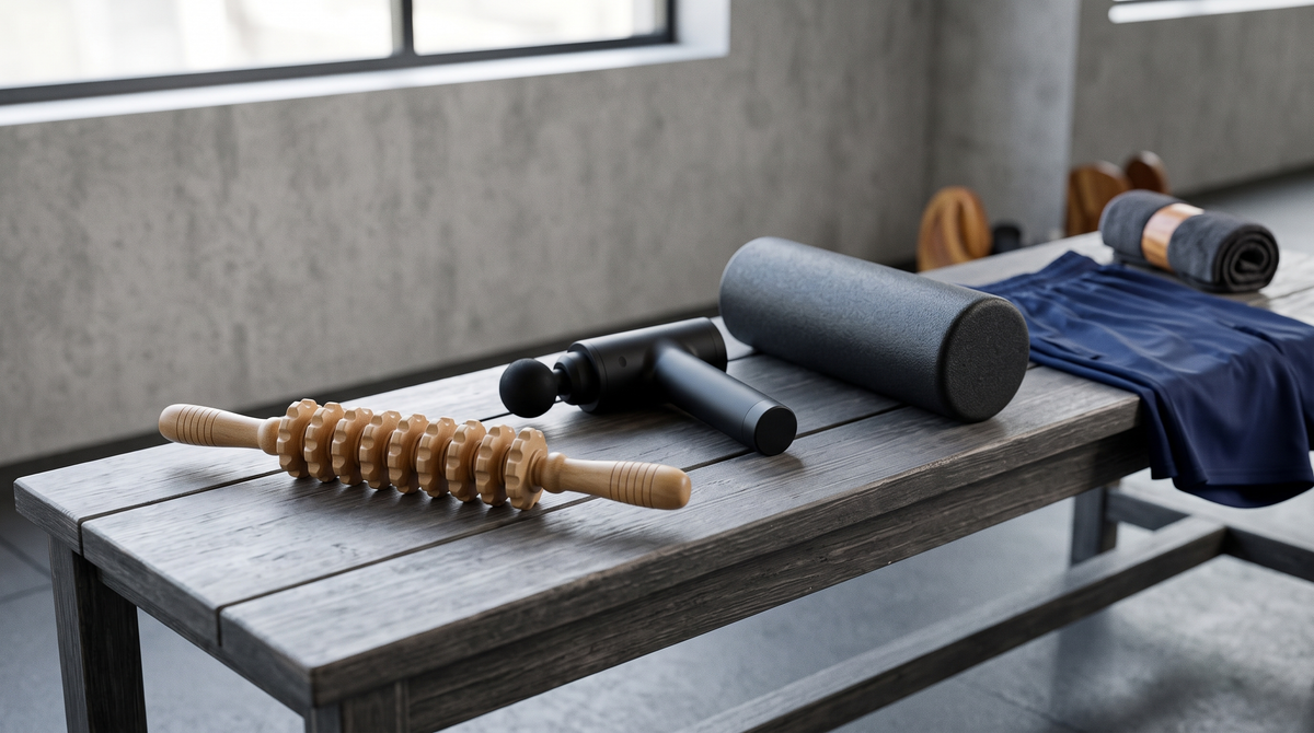 Step Balance MuscleGlide wooden massage stick, a massage gun and a foam roller on a gym bench