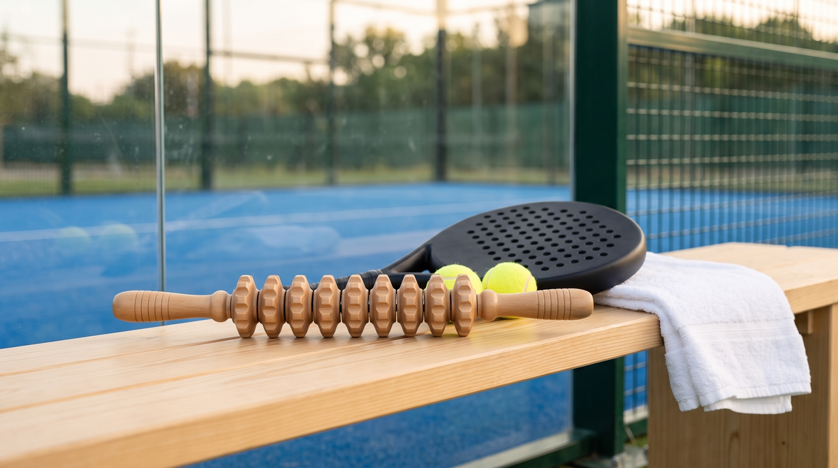 Step Balance MuscleGlide wooden massage stick on a bench beside a padel court with a racket, balls and a towel