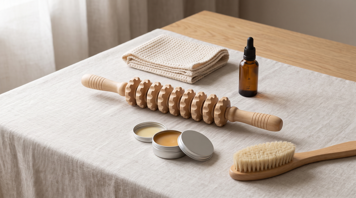 Step Balance MuscleGlide wooden massage stick on a linen cloth with a cotton towel, an amber oil bottle, wax tins and a soft brush
