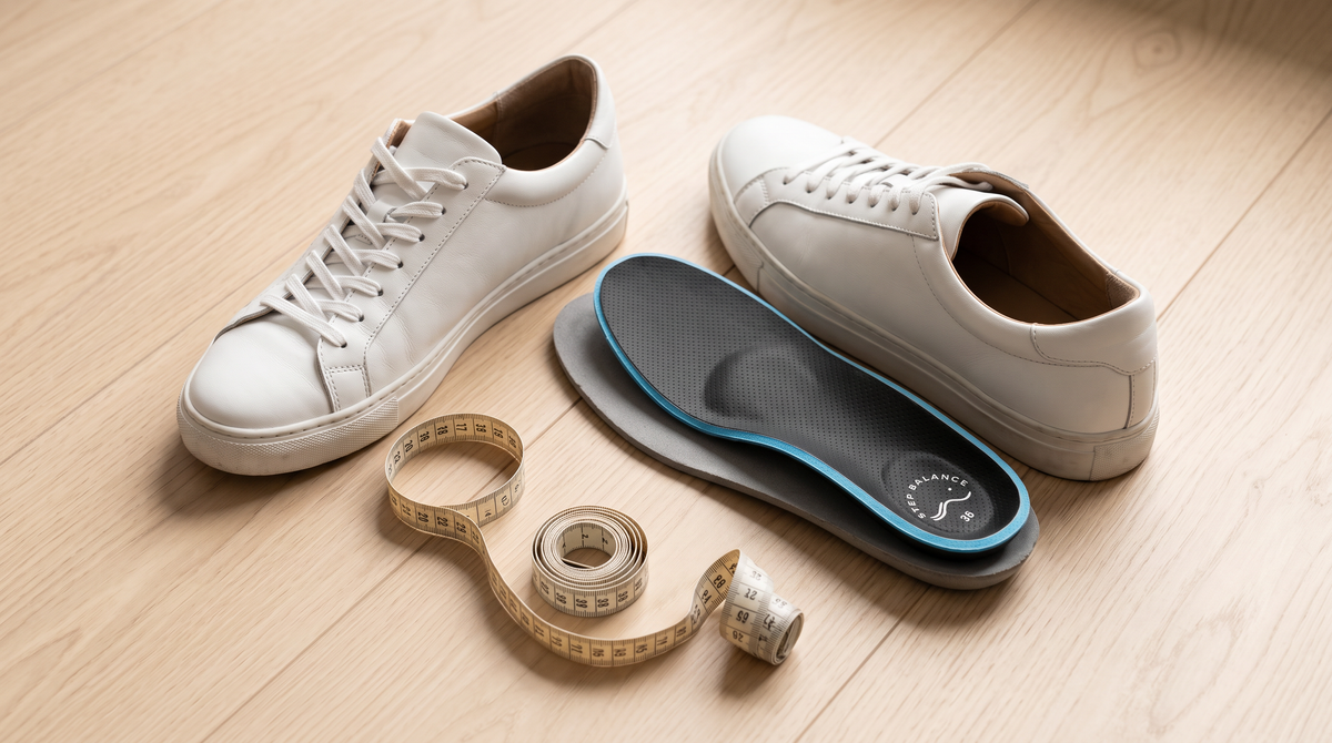 Step Balance Slim Fit, Sports Performance and Comfort Every Day insoles side by side on a wooden floor next to a leather dress shoe, a running shoe and a white sneaker