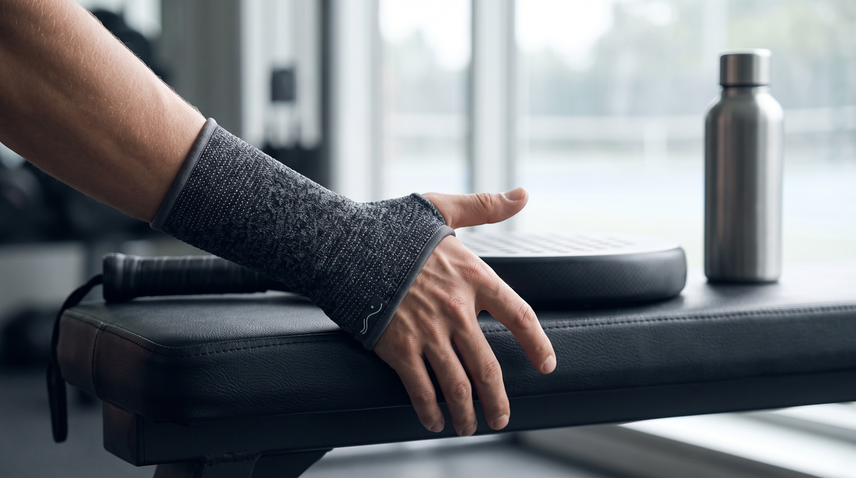 Forearm wearing the gray Step Balance Wrist Support Sleeve with the thumb through the opening, resting on a gym bench beside a padel racket and a water bottle