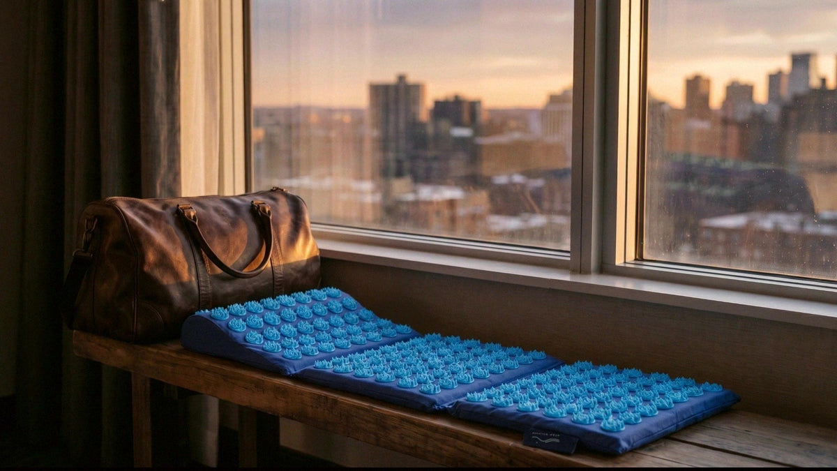The Step Balance AcuNomad acupressure mat on a window seat at sunset, next to a leather bag