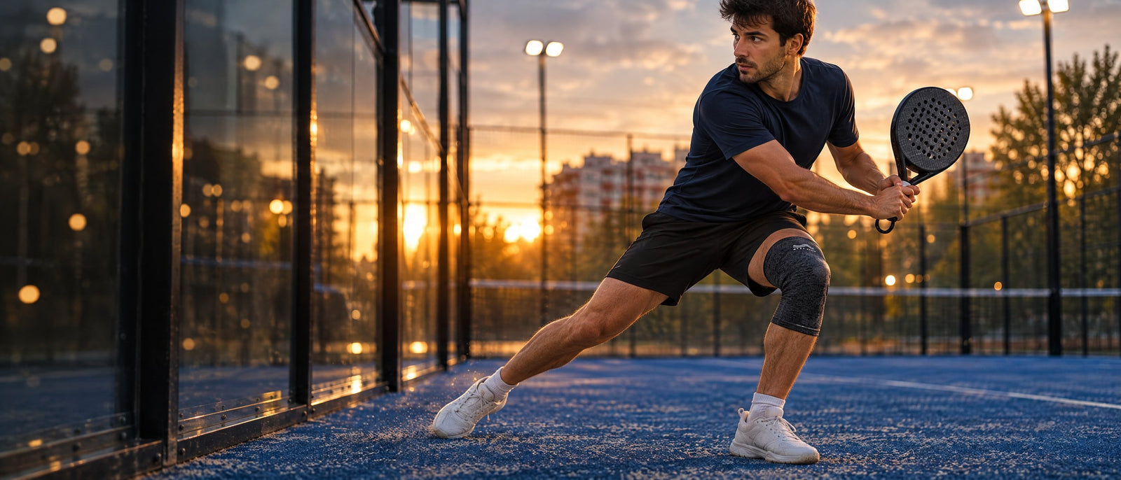 Jugador de pádel en un desplazamiento lateral junto al cristal al anochecer, con una rodillera Step Balance