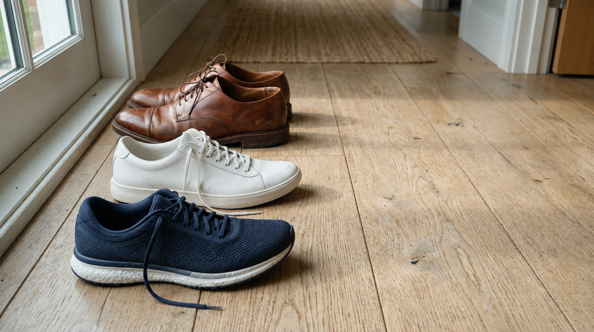 A leather dress shoe, a white leather sneaker and a navy running shoe on a wooden floor