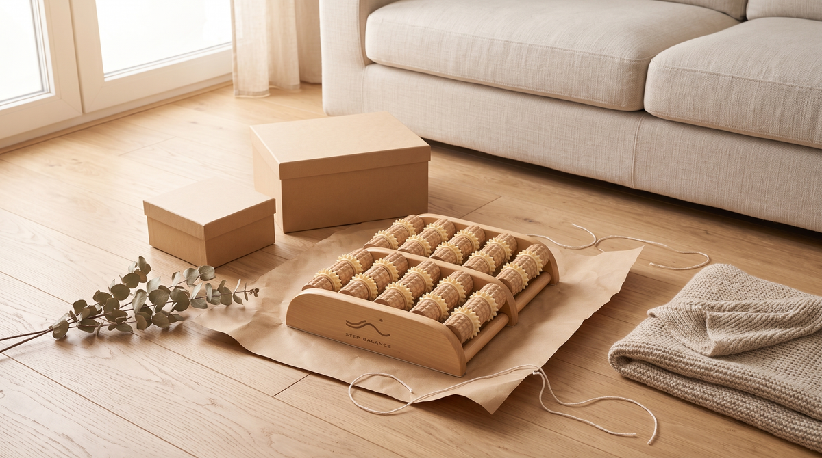 Step Balance ReflexRoll wooden foot roller half-unwrapped on kraft paper beside gift boxes, eucalyptus and a knitted throw