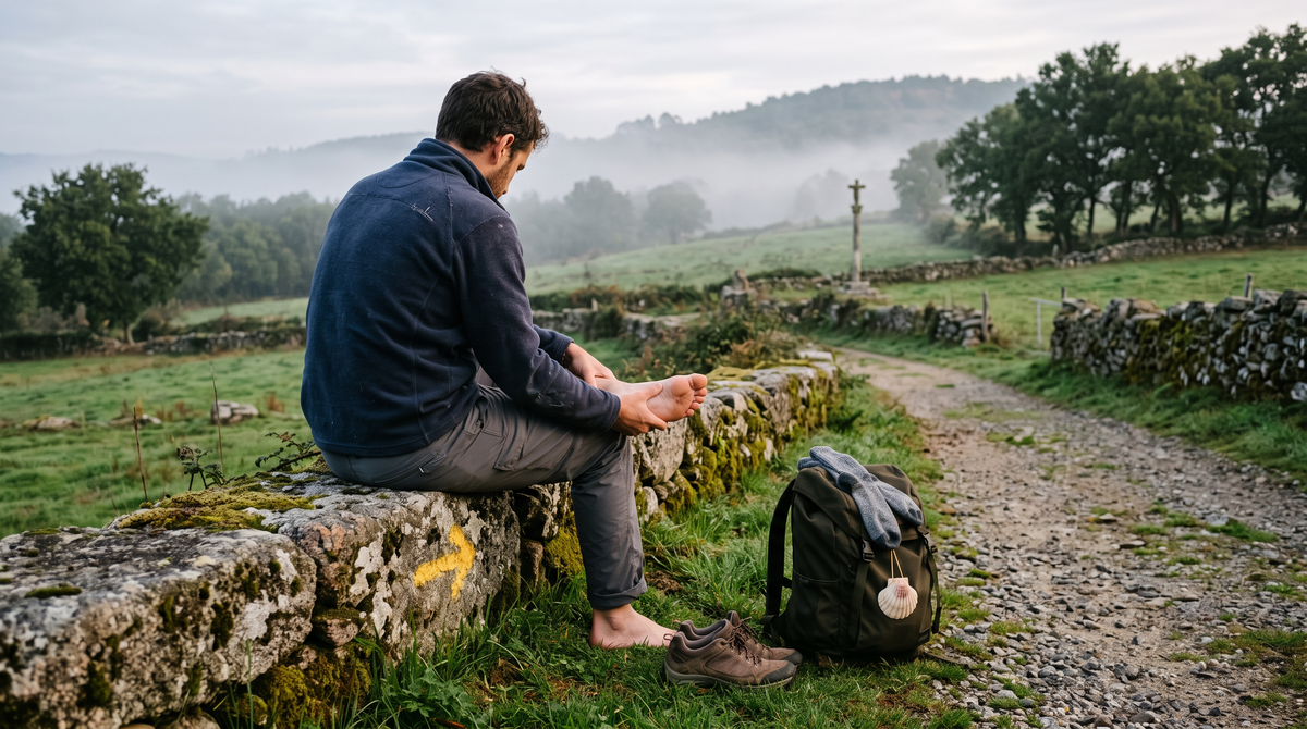 Walker sitting on a stone wall beside a gravel Camino path in green Galician countryside, shoes off, checking one bare foot