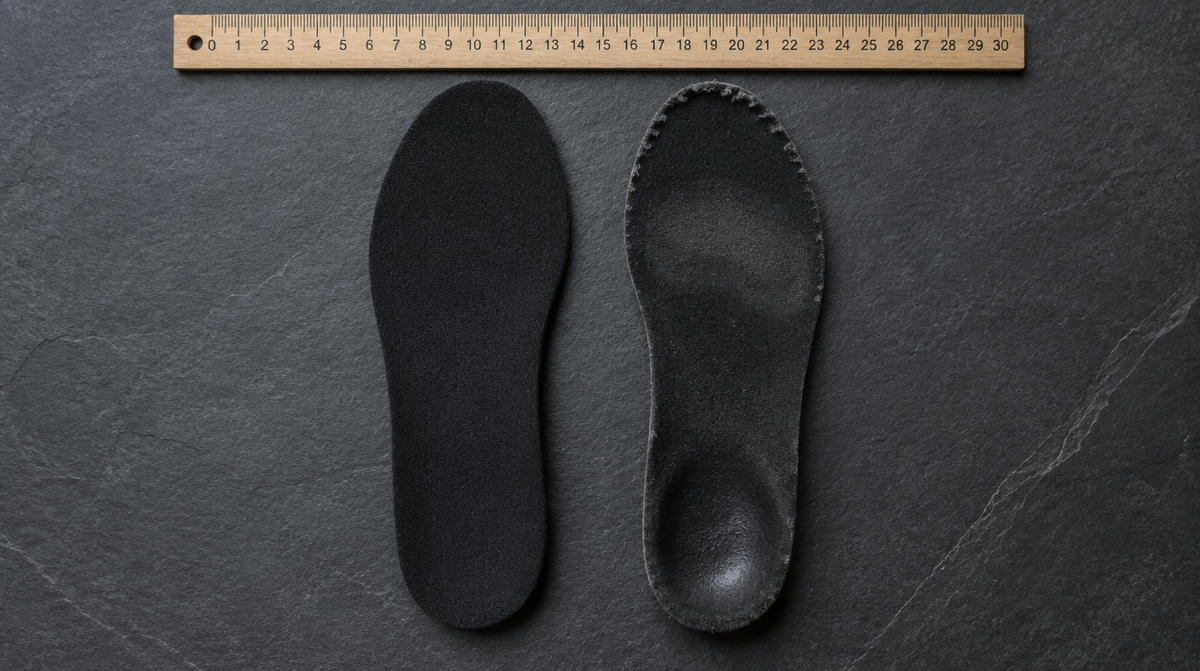 A new insole next to a worn insole with a compressed heel and forefoot