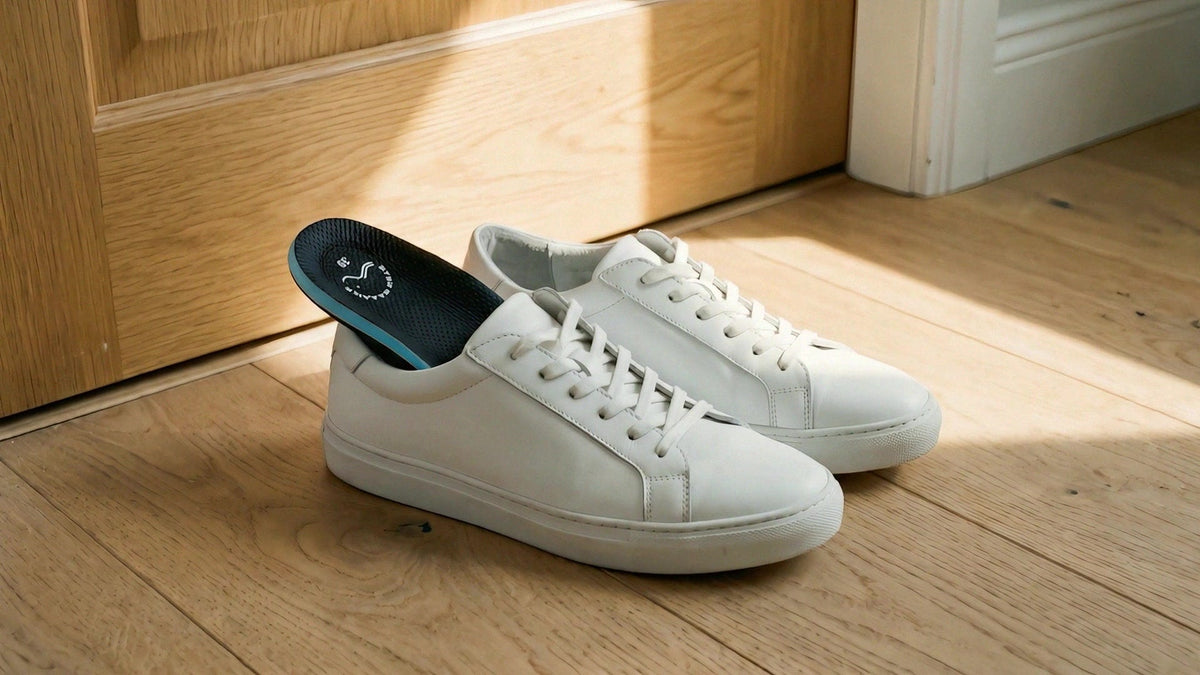 A Step Balance insole in a pair of white leather sneakers by the front door