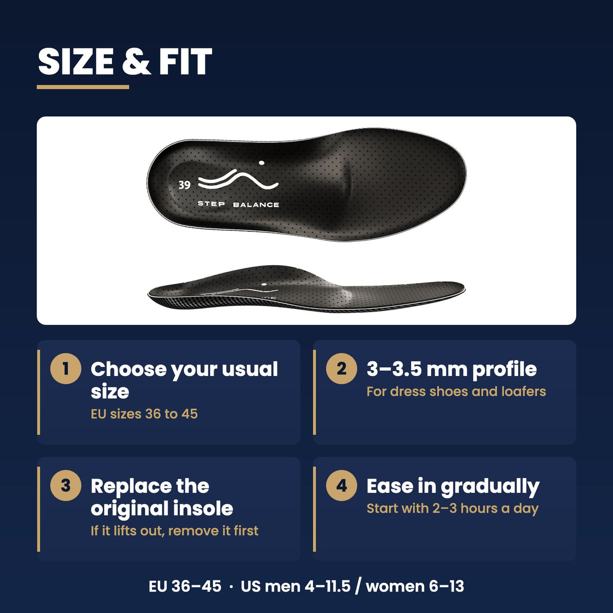 Step Balance Slim Fit insoles, infographic: size and fit guide