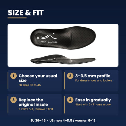 Step Balance Slim Fit insoles, infographic: size and fit guide