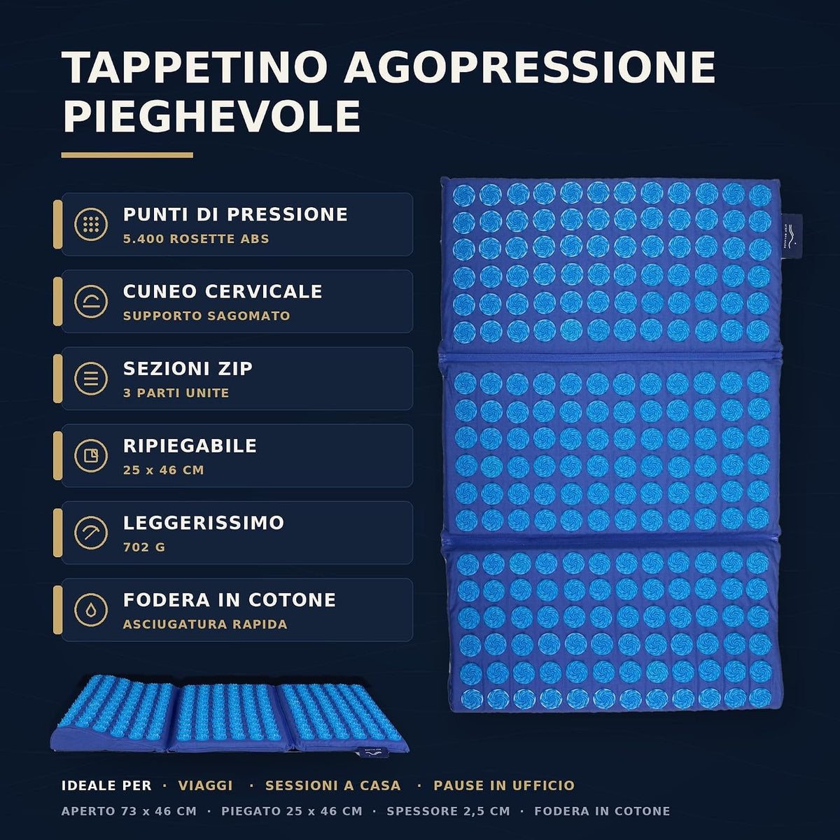 Step Balance Tappetino per agopressione pieghevole AcuNomad, infografica: caratteristiche principali
