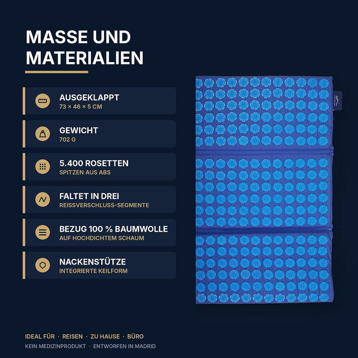Step Balance AcuNomad faltbare Akupressurmatte, Infografik: Konstruktion und Maße
