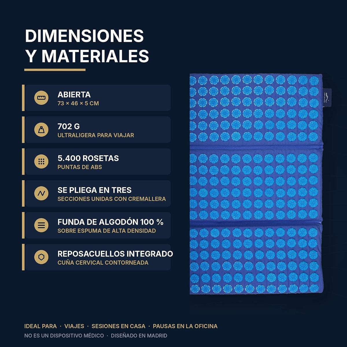 Step Balance Esterilla de acupresión plegable AcuNomad, infografía: construcción y medidas