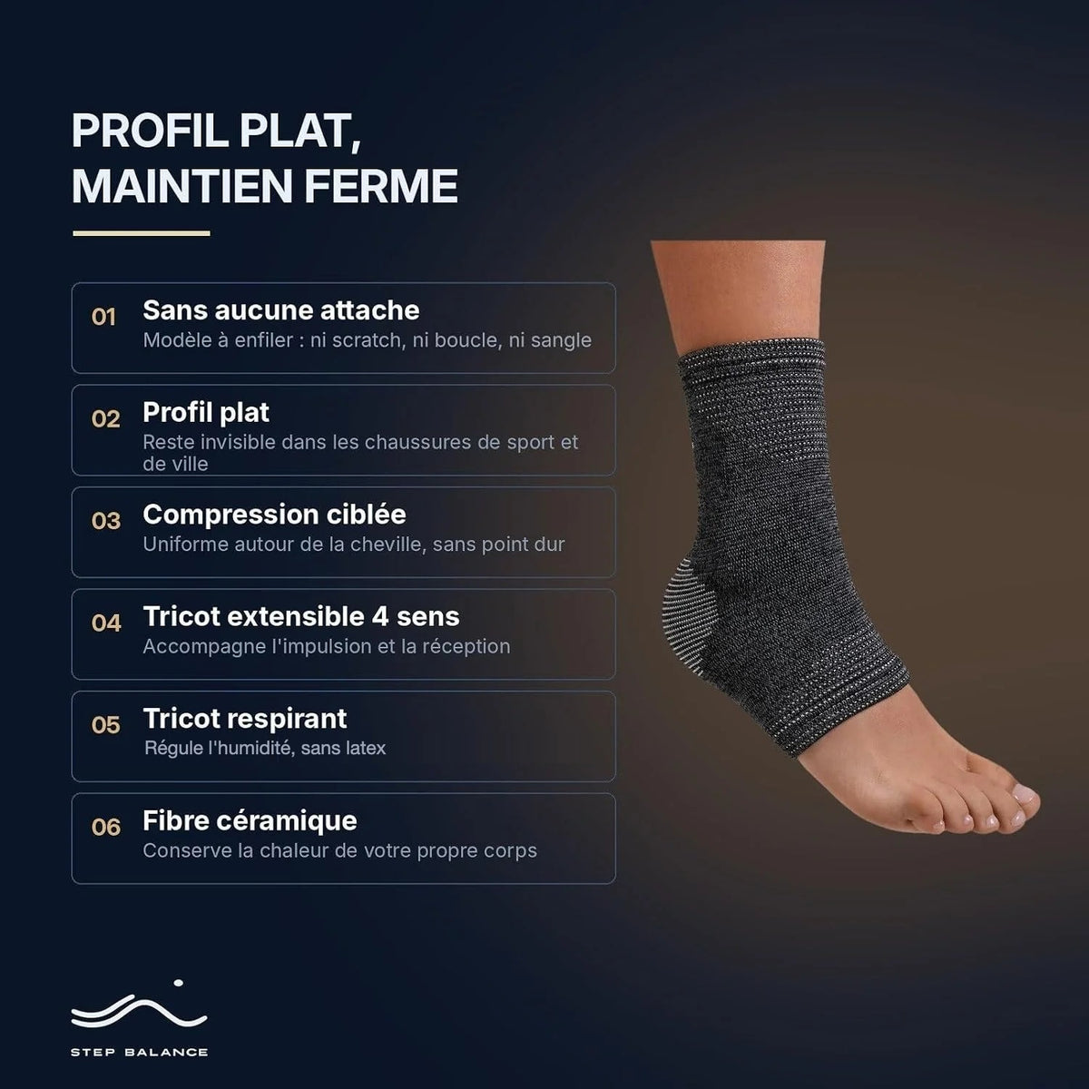 Step Balance Chevillère de compression, infographie : caractéristiques principales