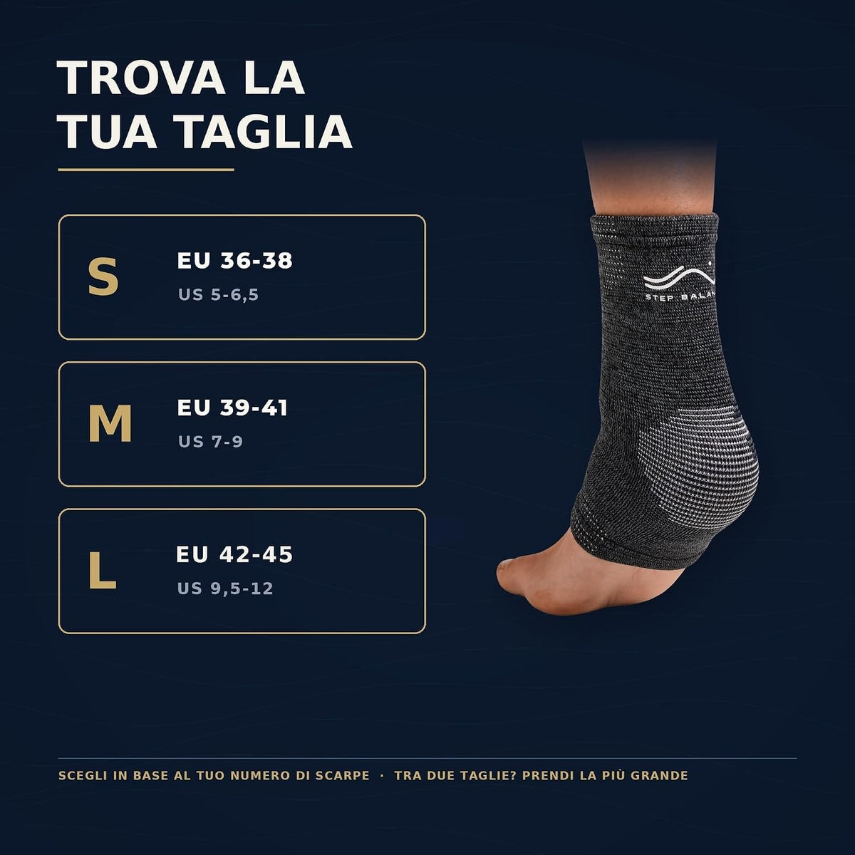 Step Balance Cavigliera a compressione, infografica: guida alle taglie