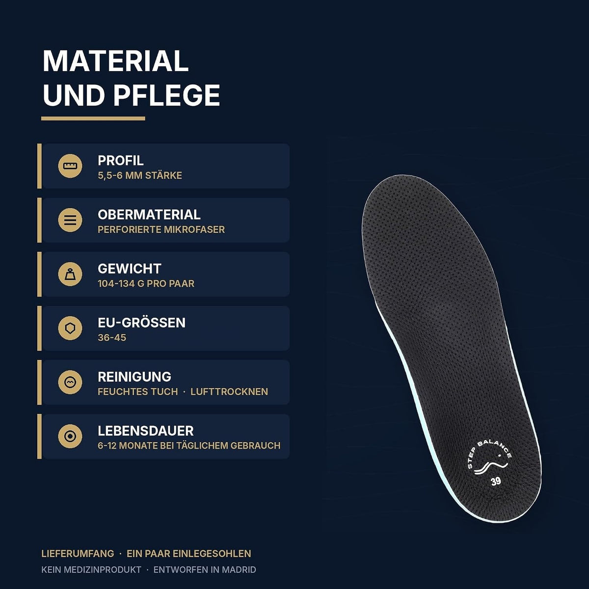 Step Balance Comfort Every Day Einlegesohlen, Infografik: Material und Pflege