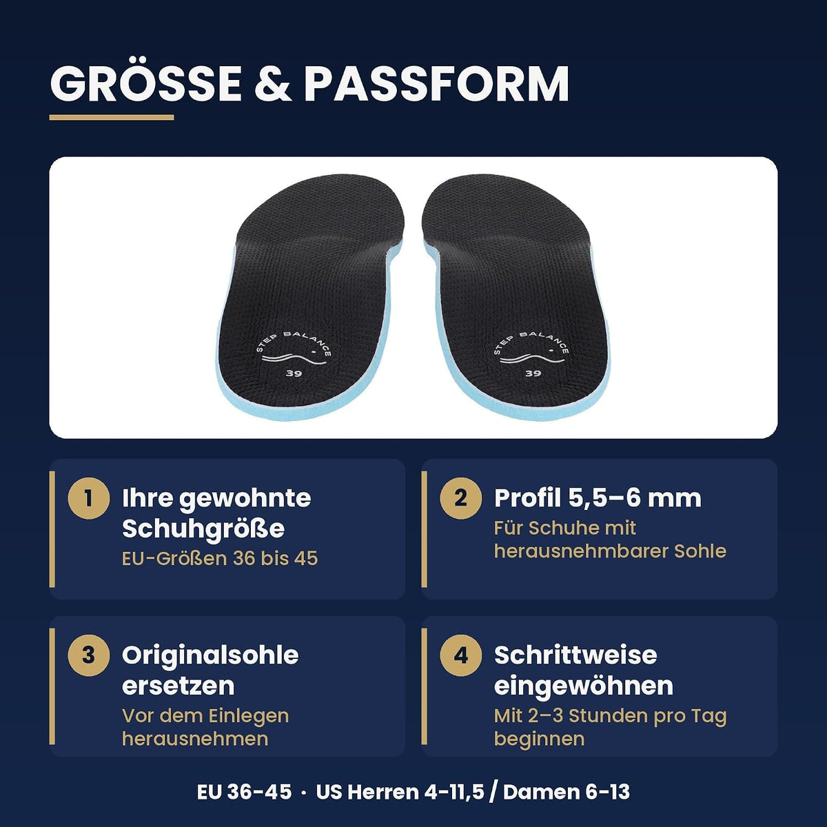 Step Balance Comfort Every Day Einlegesohlen, Infografik: Größe und Passform