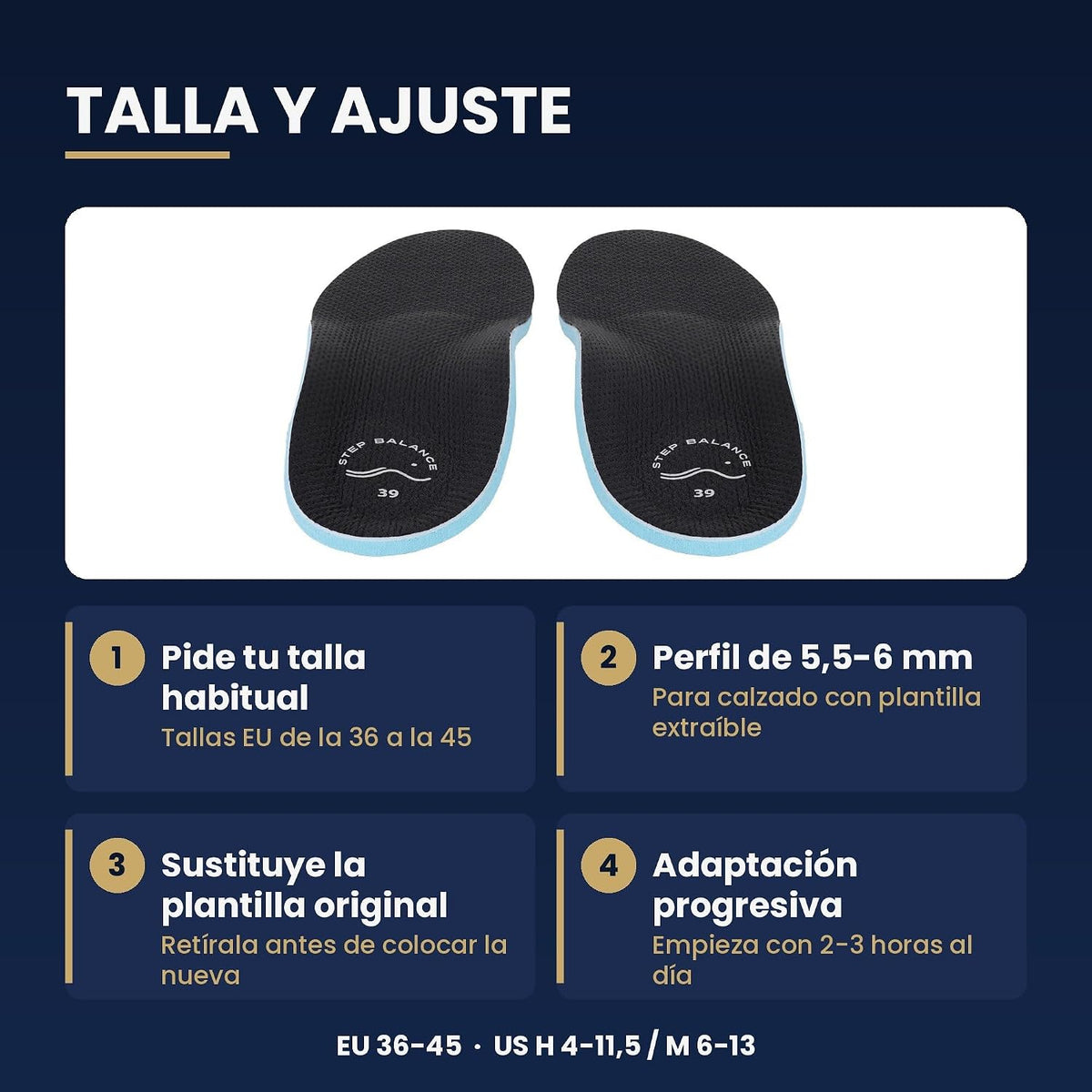 Plantillas Step Balance Comfort Every Day, infografía: guía de tallas