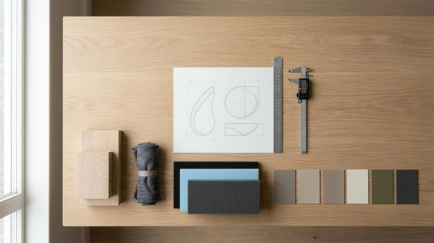 Material samples and technical sketches on a design table