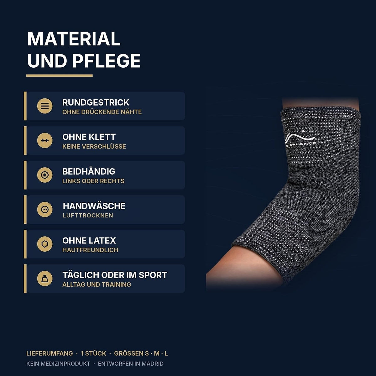 Step Balance Ellenbogenbandage, Infografik: Material und Pflege
