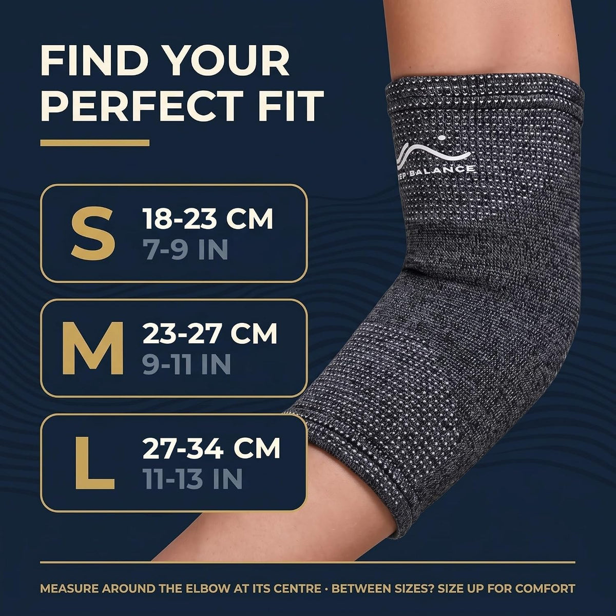 Step Balance compression elbow support, infographic: size guide