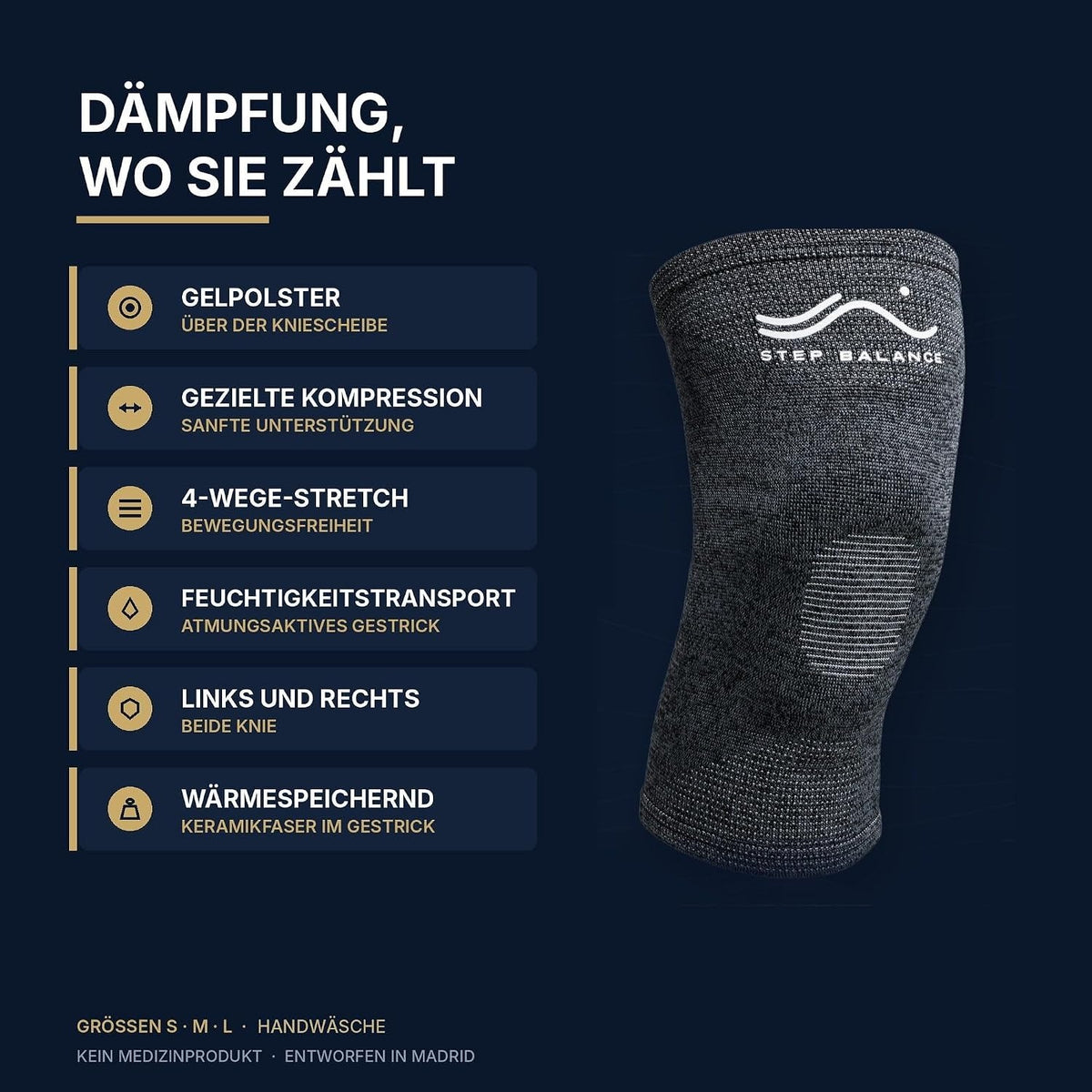 Step Balance Kniebandage mit Gel, Infografik: die wichtigsten Merkmale