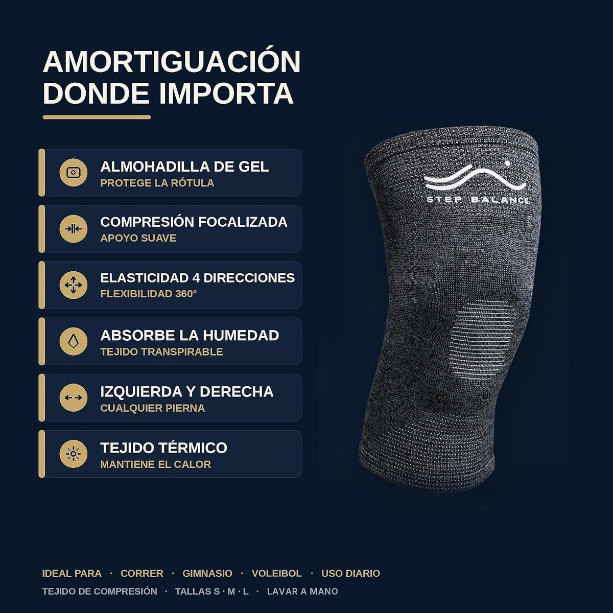 Step Balance Rodillera de compresión con gel, infografía: características principales