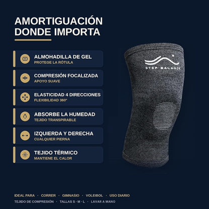 Step Balance Rodillera de compresión con gel, infografía: características principales