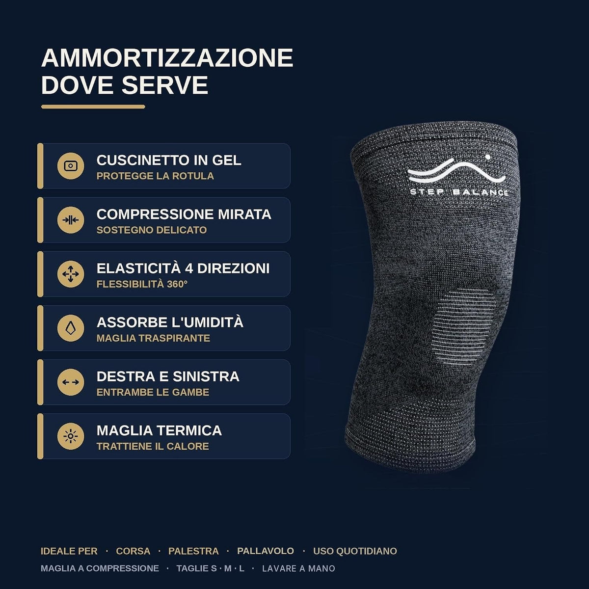 Step Balance Ginocchiera a compressione con gel, infografica: caratteristiche principali
