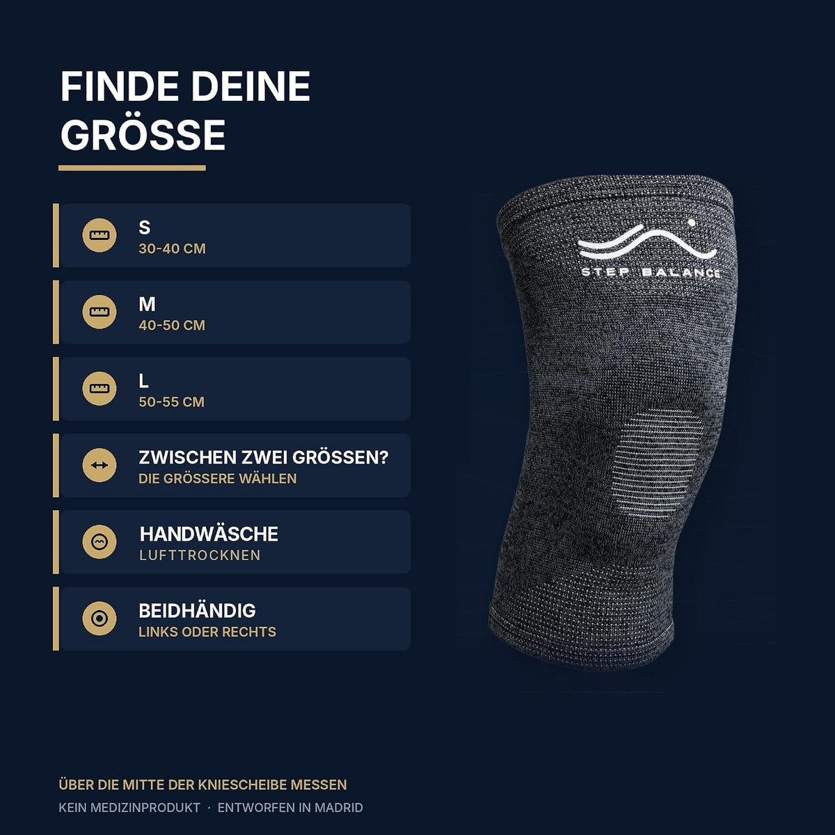 Step Balance Kniebandage mit Gel, Infografik: Größentabelle