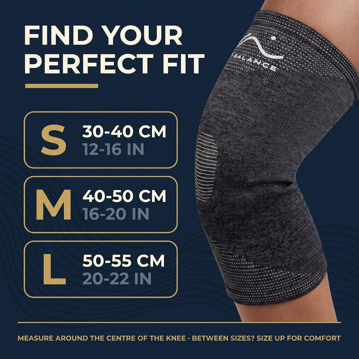 Step Balance compression knee support with gel, infographic: size guide