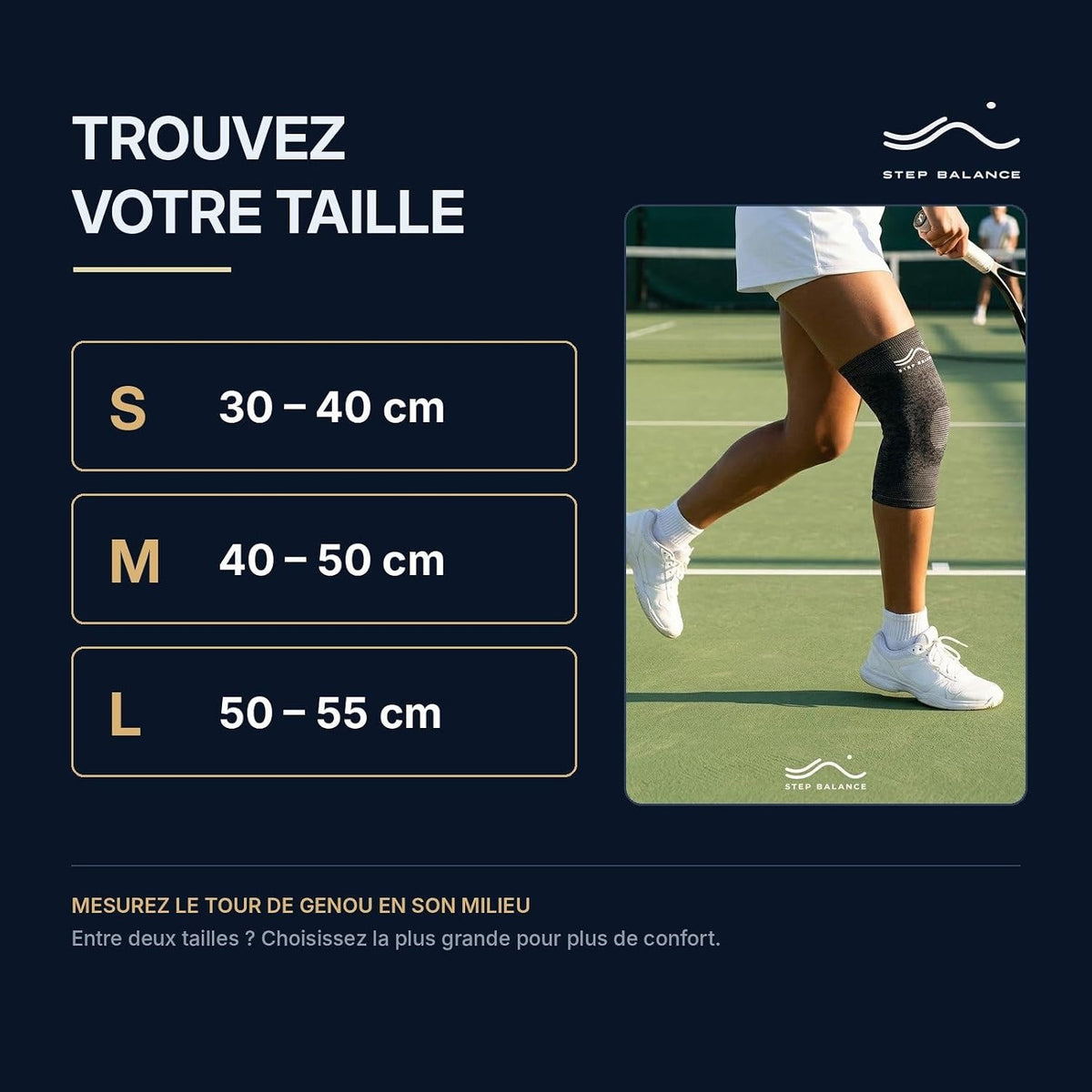 Step Balance Genouillère de compression avec gel, infographie : guide des tailles