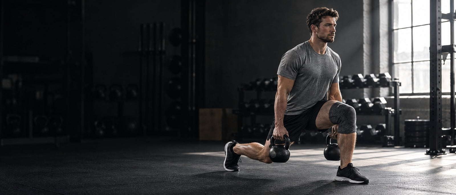 Atleta haciendo una zancada con kettlebells, con una rodillera Step Balance