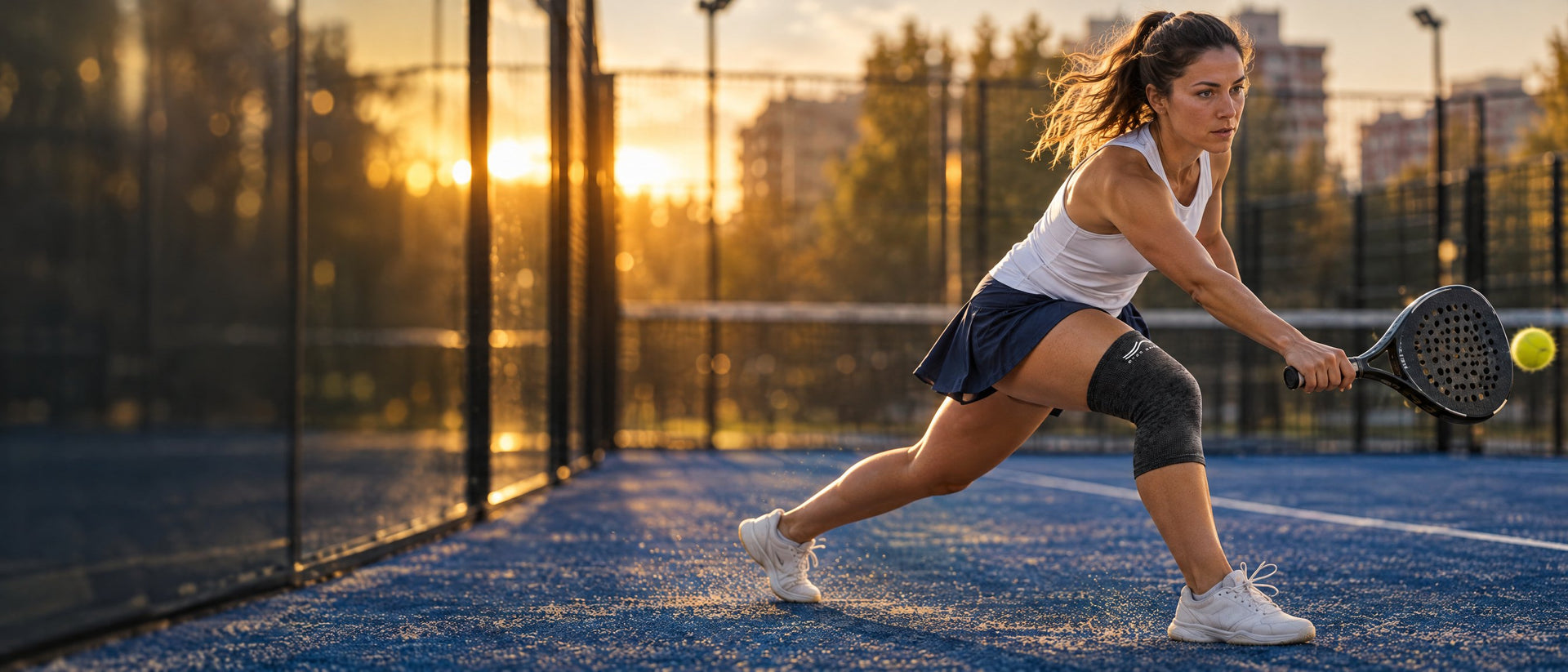 Jugadora de pádel estirándose para una volea baja al atardecer, con una rodillera Step Balance