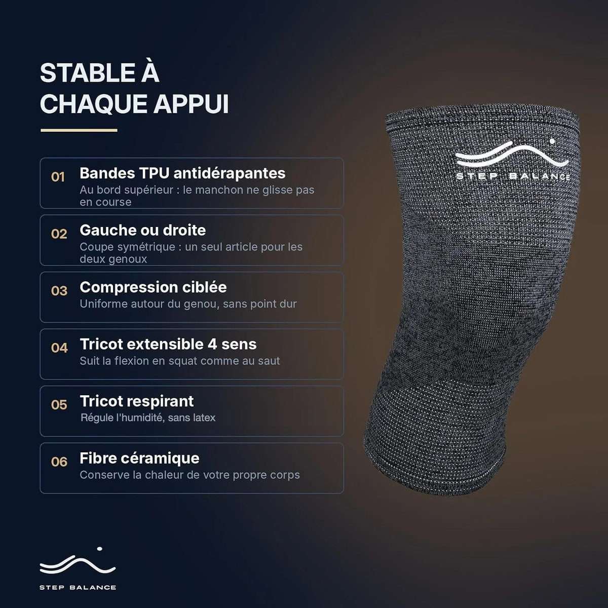 Step Balance Genouillère de compression, infographie : caractéristiques principales