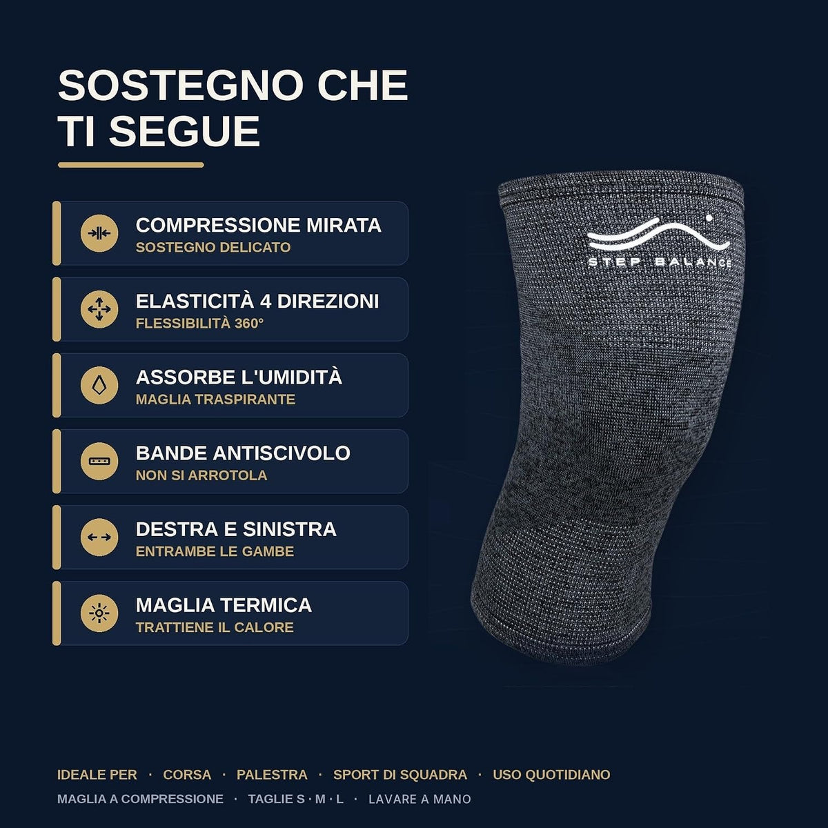 Step Balance Ginocchiera a compressione, infografica: caratteristiche principali