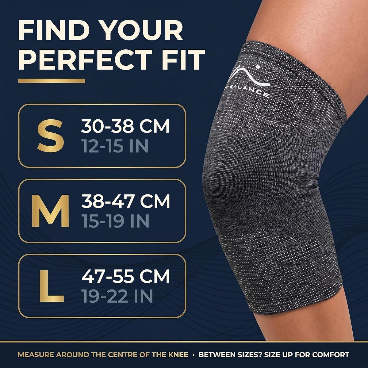 Step Balance compression knee support, infographic: size guide