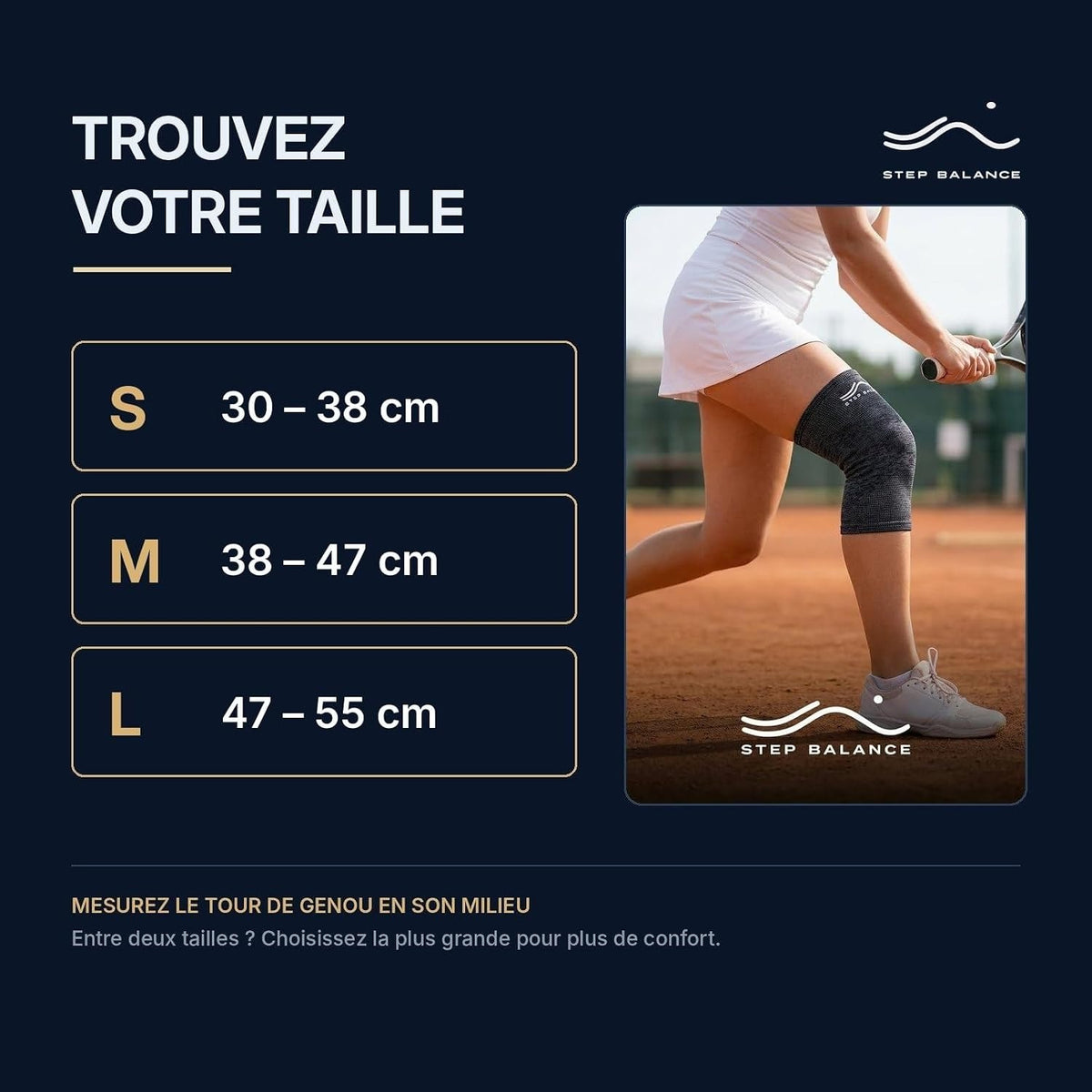 Step Balance Genouillère de compression, infographie : guide des tailles
