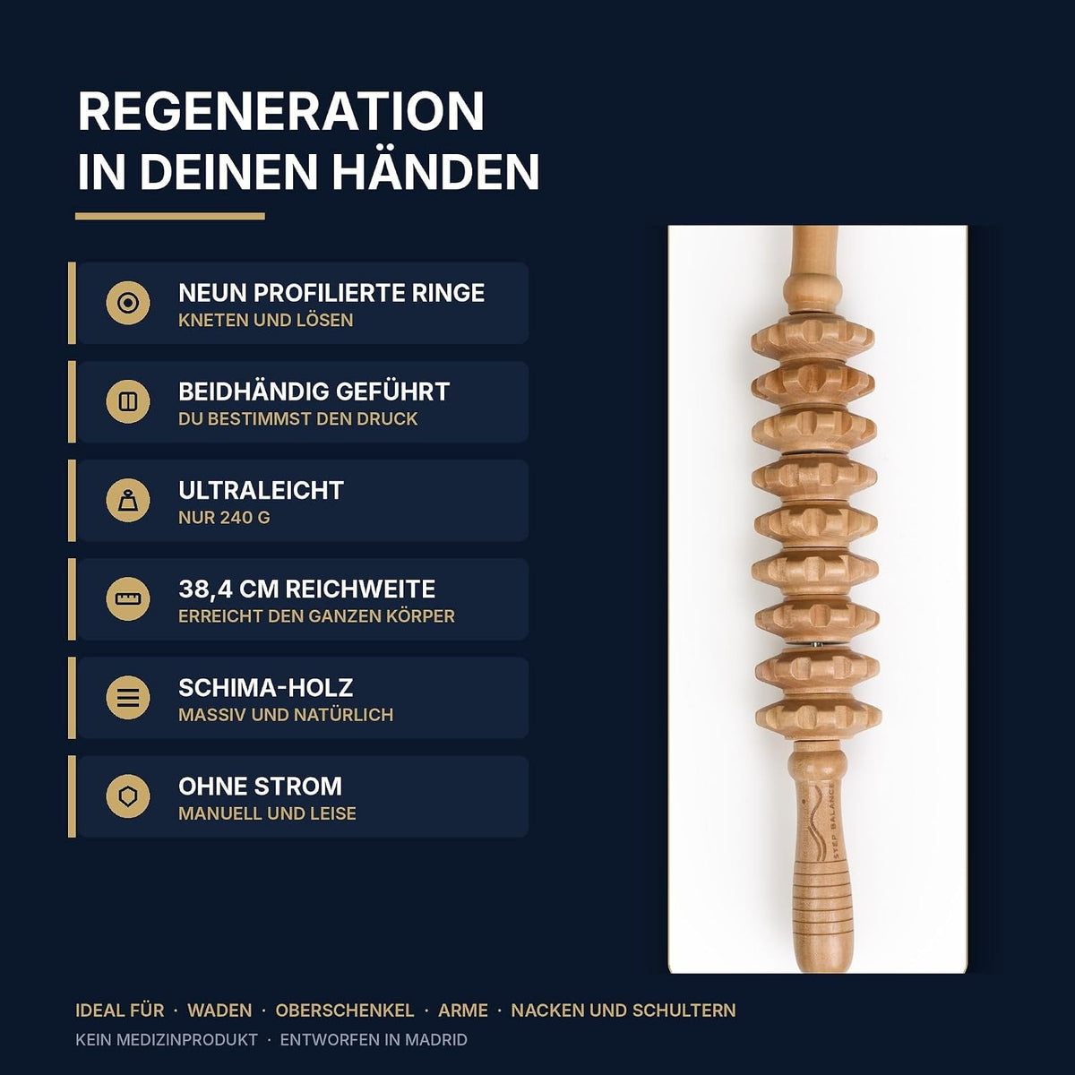 Step Balance MuscleGlide Massagestab aus Holz, Infografik: die wichtigsten Merkmale