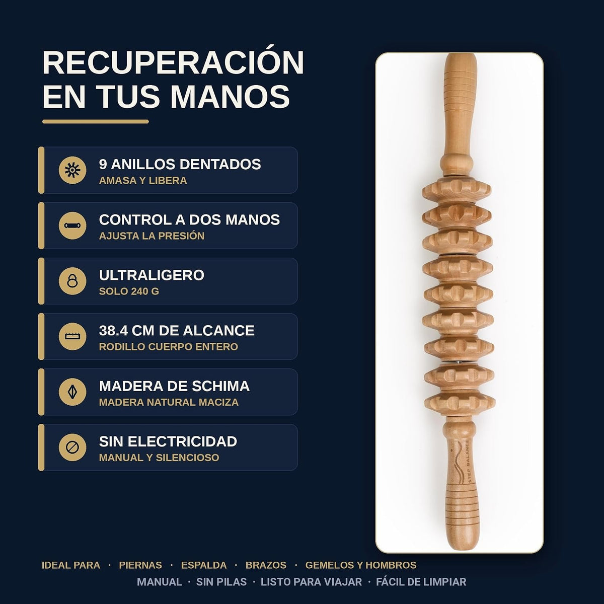 Step Balance Rodillo de masaje de madera MuscleGlide, infografía: características principales