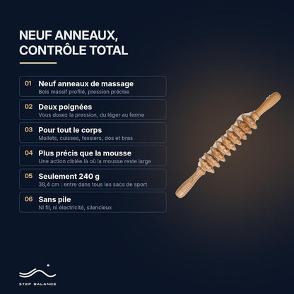 Step Balance Bâton de massage en bois MuscleGlide, infographie : caractéristiques principales