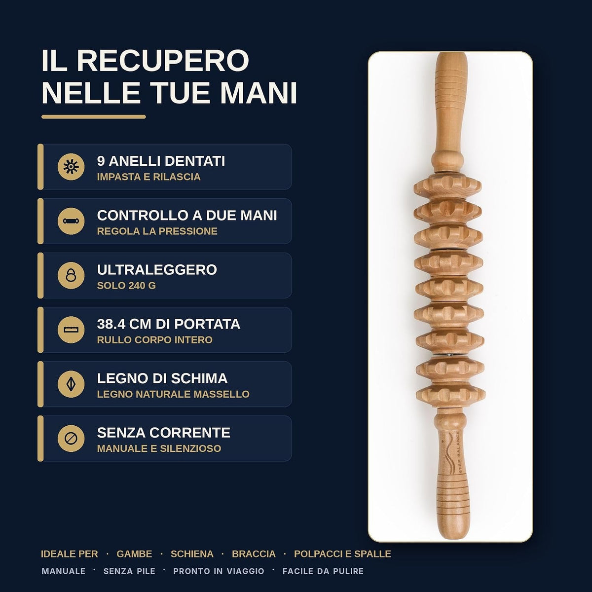 Step Balance Bastone da massaggio in legno MuscleGlide, infografica: caratteristiche principali