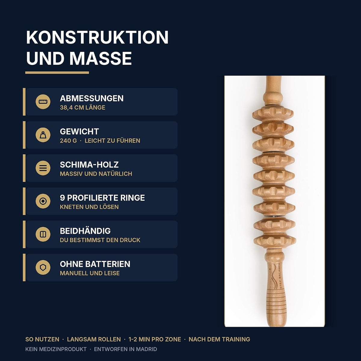 Step Balance MuscleGlide Massagestab aus Holz, Infografik: Konstruktion und Maße