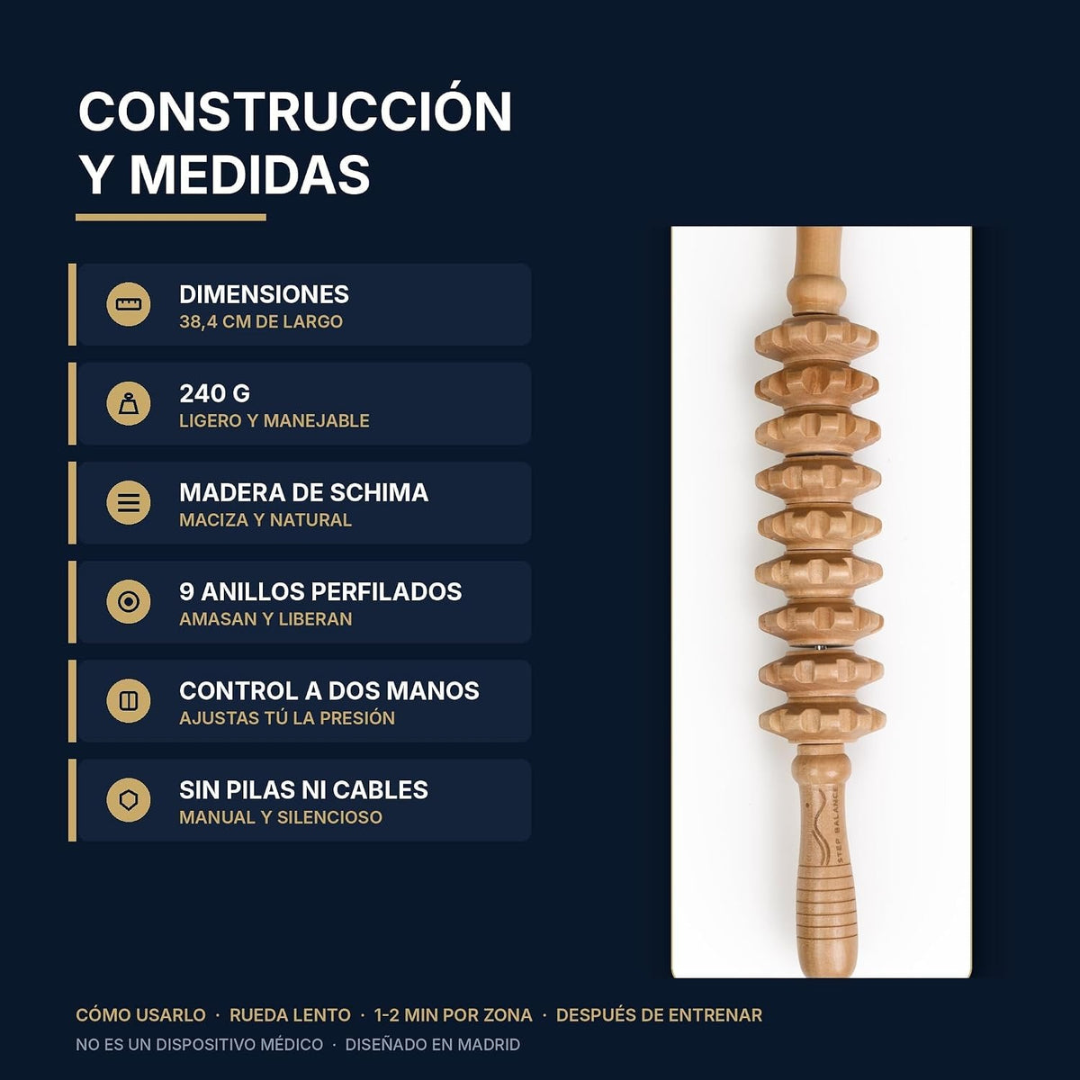 Step Balance Rodillo de masaje de madera MuscleGlide, infografía: construcción y medidas