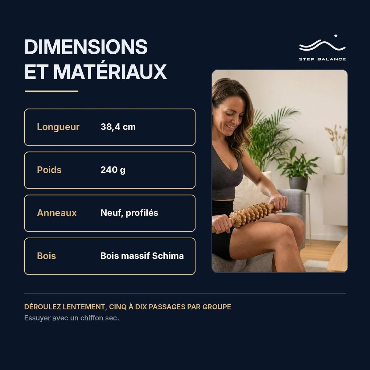 Step Balance Bâton de massage en bois MuscleGlide, infographie : caractéristiques techniques