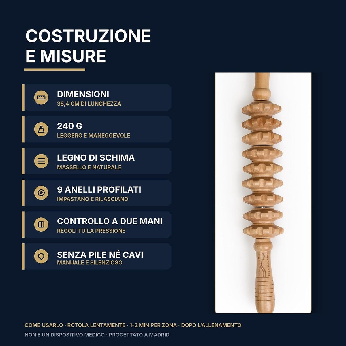 Step Balance Bastone da massaggio in legno MuscleGlide, infografica: costruzione e misure