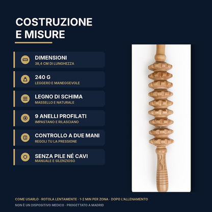 Step Balance Bastone da massaggio in legno MuscleGlide, infografica: costruzione e misure