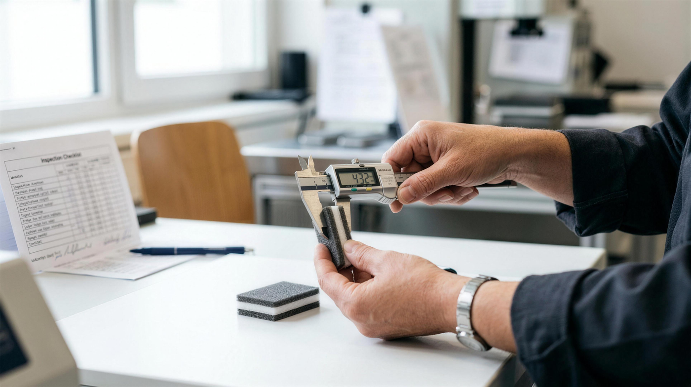 Measuring a material sample with digital calipers during quality control