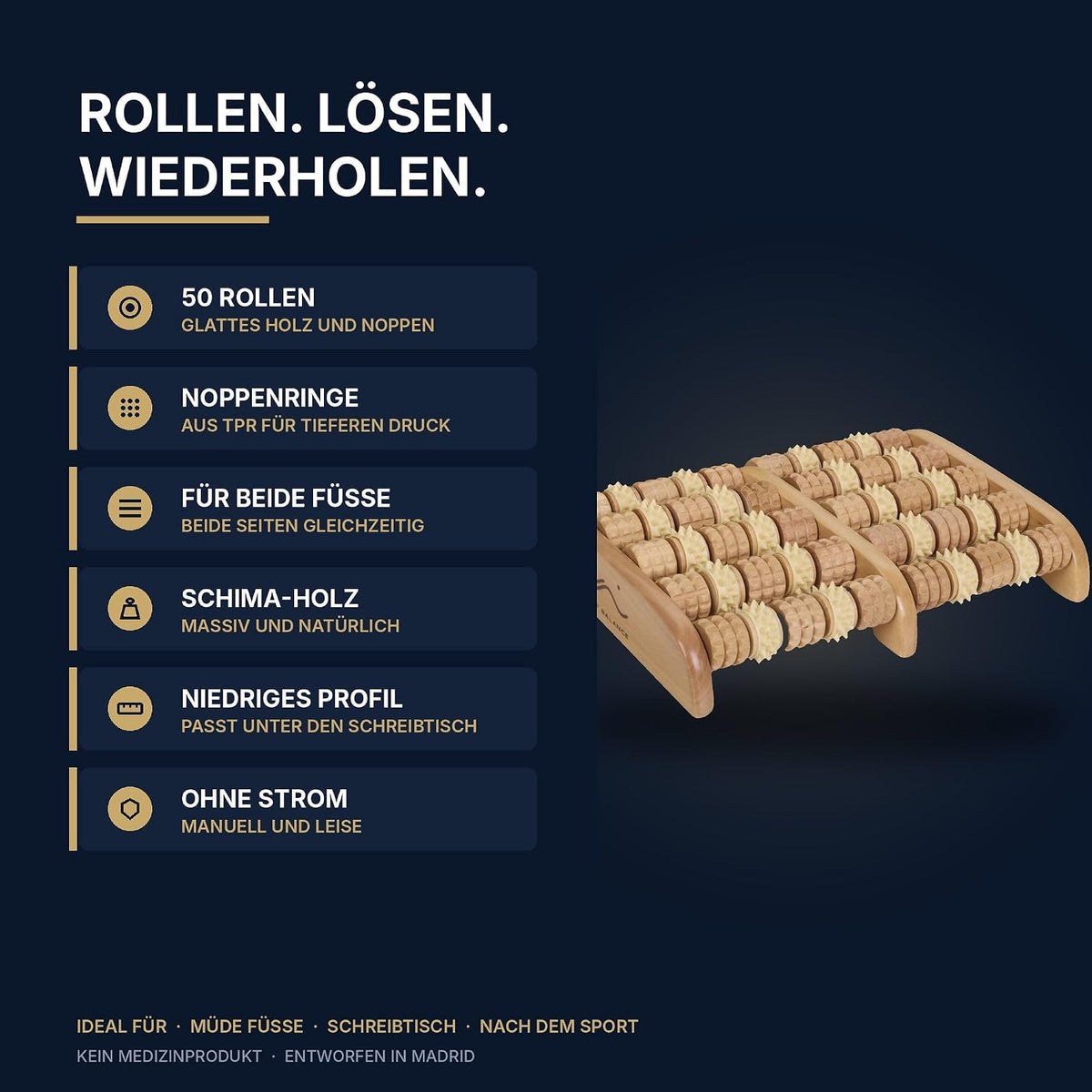 Step Balance ReflexRoll Fußroller aus Holz, Infografik: die wichtigsten Merkmale